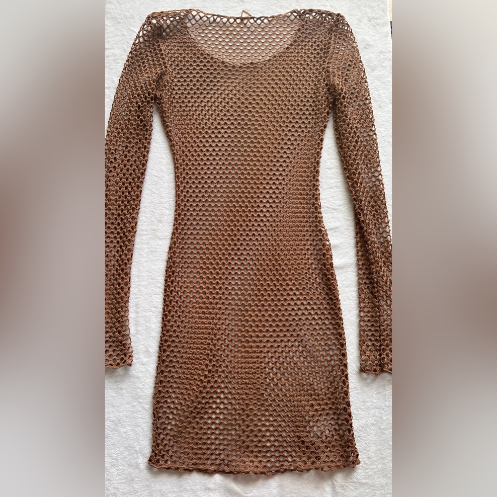 Brown Open-Knit Long Sleeve Dress - Picture 2 of 3